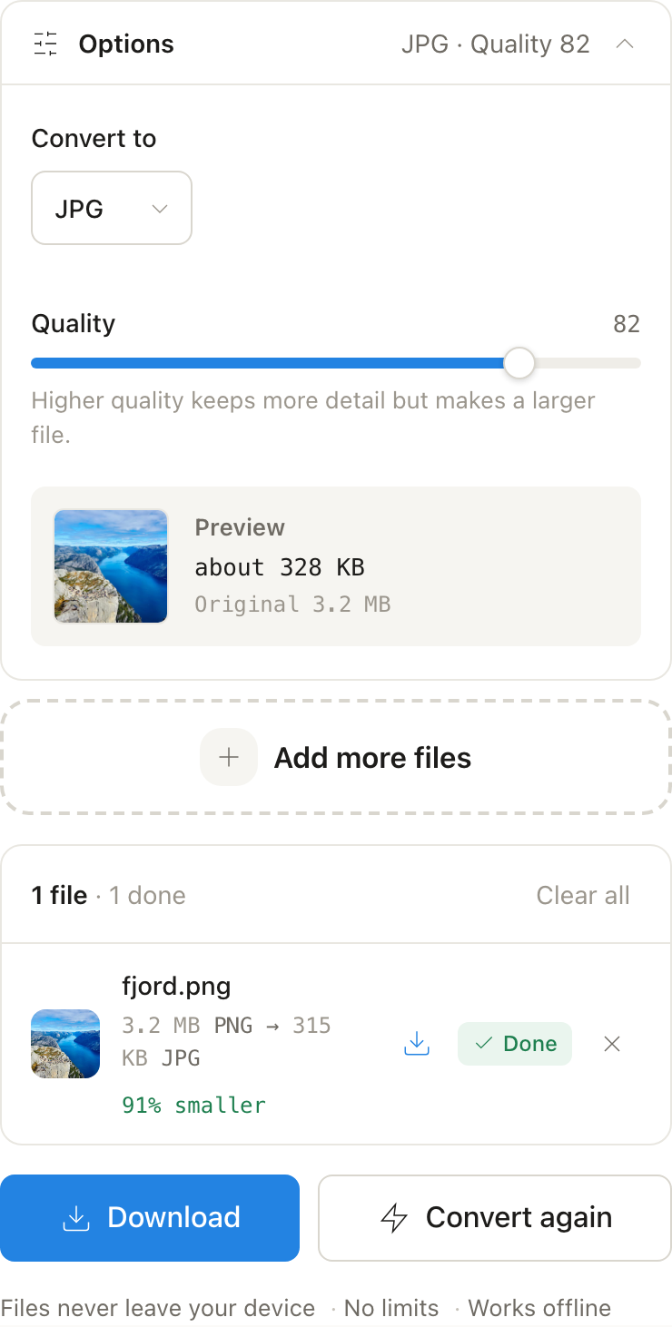 The Filexum converter with the quality slider set to 82, showing a live preview reading about 328 KB next to the original 3.2 MB, and the finished file 91% smaller